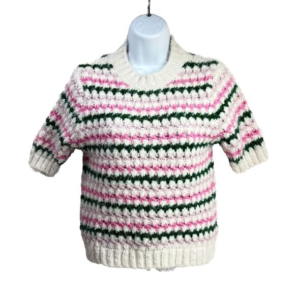 Zara Short Sleeve Sweater Womens Small Pink Green White Fuzzy - Picture 4 of 10